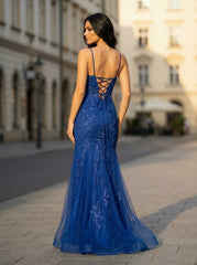 Sleeveless V-Neck Sequins Tulle Trumpet/Mermaid Maxi Dress