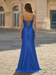 Trumpet/Mermaid V-Neck Sweep Train Silky Satin Prom Dresses With Pleated Rhinestone