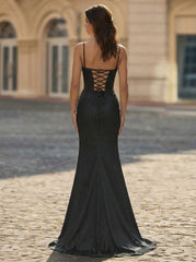 Trumpet/Mermaid V-Neck Sweep Train Silky Satin Prom Dresses With Pleated Rhinestone