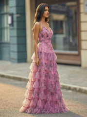 Ball-Gown/Princess V-Neck Sweep Train Tulle Maxi Dresses With Cascading Ruffles Pleated