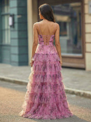 Ball-Gown/Princess V-Neck Sweep Train Tulle Maxi Dresses With Cascading Ruffles Pleated
