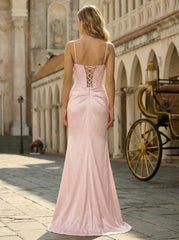 Trumpet/Mermaid V-Neck Sweep Train Silky Satin Prom Dresses With Rhinestone Sequins Beading