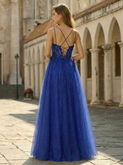 Ball-Gown/Princess V-Neck Floor-Length Tulle Prom Dresses With Beading Sequins Appliques Lace