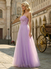 Ball-Gown/Princess Sweetheart Floor-Length Tulle Prom Dresses With Beading