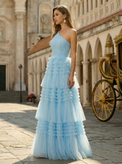 Ball-Gown/Princess One Shoulder Floor-Length Tulle Prom Dresses With Ruffle