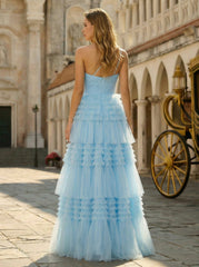 Ball-Gown/Princess One Shoulder Floor-Length Tulle Prom Dresses With Ruffle