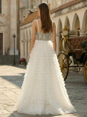 Ball-Gown/Princess Sweetheart V-Neck Sweep Train Tulle Prom Dresses With Rhinestone Sequins Beading