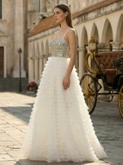 Ball-Gown/Princess Sweetheart V-Neck Sweep Train Tulle Prom Dresses With Rhinestone Sequins Beading