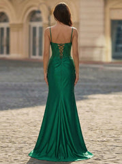 Trumpet/Mermaid V-Neck Sweep Train Silky Satin Prom Dresses With Rhinestone Sequins Beading