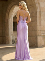 Spaghetti Straps V-Neck Sequins Jersey Trumpet/Mermaid Maxi Dress With Leg Slit