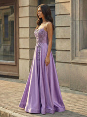 A-line Sweetheart Sweep Train Silky Satin Prom Dresses With Rhinestone 3D Floral Sequins Beading