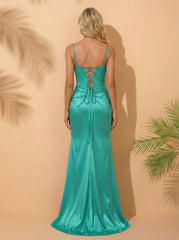 Trumpet/Mermaid V-Neck Sweep Train Silky Satin Prom Dresses With Rhinestone Sequins Beading