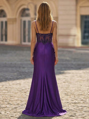 Trumpet/Mermaid Spaghetti Straps Sweep Train Satin Prom Dress With Sequins
