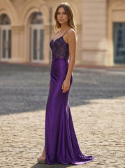 Trumpet/Mermaid Spaghetti Straps Sweep Train Satin Prom Dress With Sequins