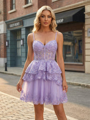 Ball-Gown/Princess Spaghetti Straps Short Tulle Homecoming Dress With Sequins