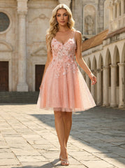A-line Spaghetti Straps Short Tulle Homecoming Dress With 3D Floral
