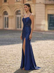 Trumpet/Mermaid Spaghetti Straps Sweep Train Satin Prom Dress With Sequins