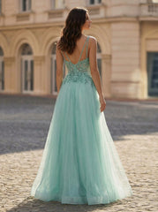 A-line Sleeveless Sweep Train Tulle Prom Dress With Sequins