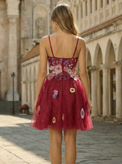 A-Line Spaghetti Straps Short Tulle Homecoming Dress With Appliques Lace