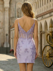 Sheath/Column Spaghetti Straps Short Lace Homecoming Dress With Appliques