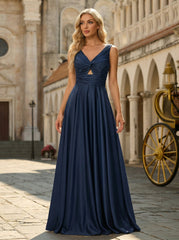A-line V-Neck Floor-Length Silky Satin Prom Dresses With Pleated