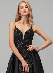 Sheath/Column V-Neck Floor-Length Satin Sequin Prom Dresses