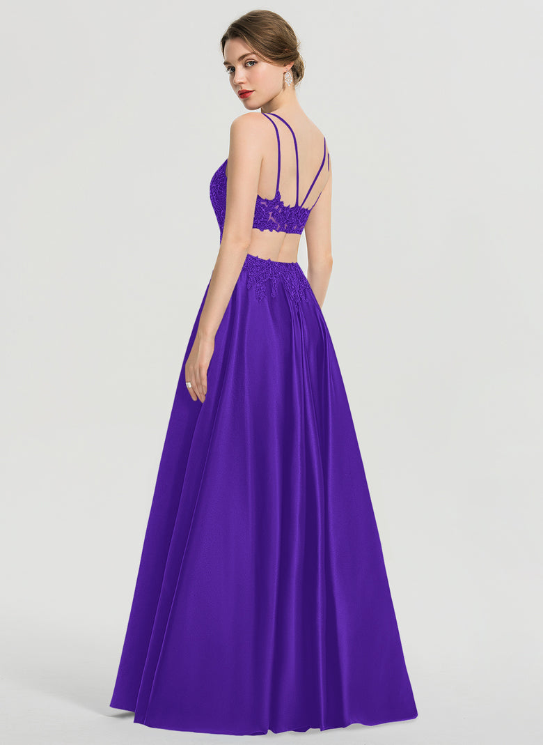 Ball-Gown/Princess V-Neck Floor-Length Satin Lace Prom Dresses With Sequins main image 0