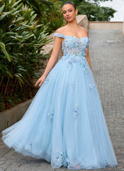 3D Floral Applique Off the Shoulder Corset Tulle Ball-Gown Maxi Dress