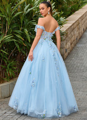 3D Floral Applique Off the Shoulder Corset Tulle Ball-Gown Maxi Dress