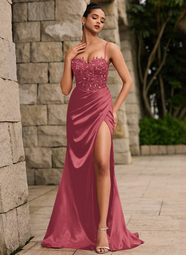corset ruched maxi dress Lace Up Back Sweetheart Leaf Corset Ruched Satin Mermaid Maxi Dress Wi –  Glorile