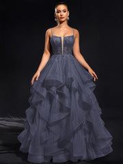 Ball-Gown/Princess Scoop Floor-Length Tulle Maxi Dresses With Rhinestone Beading
