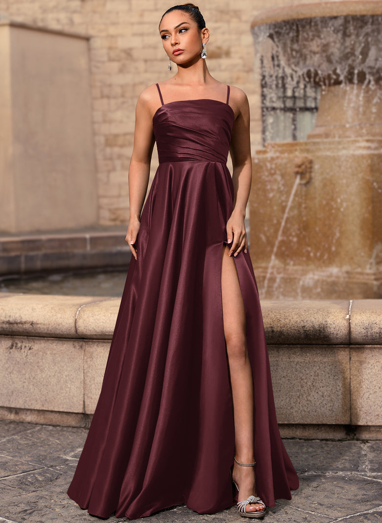 chinese dress ladies Straight Neck Ruched Satin A-line Maxi Dress With Pockets Slit – Glorile