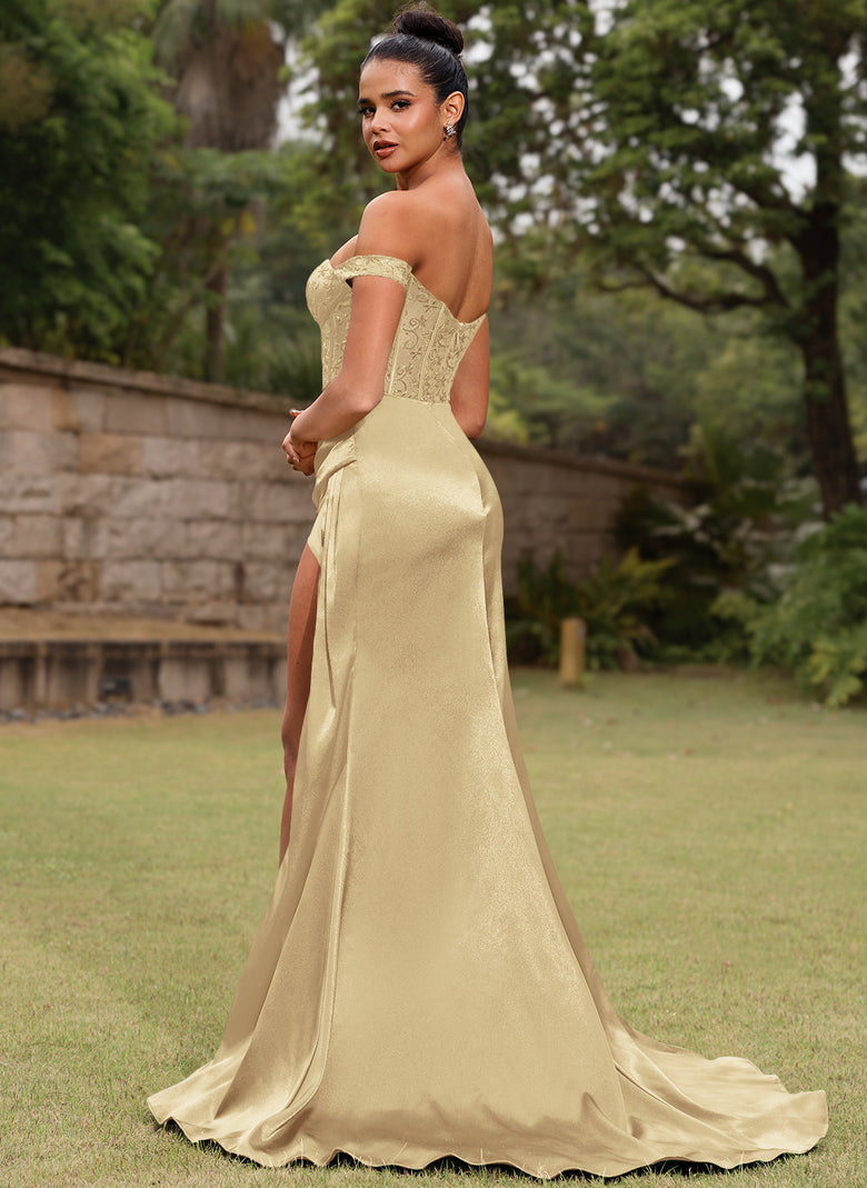 Off The Shoulder Sweetheart Illusion Corset Ruched Satin Mermaid Maxi Dress With Slit