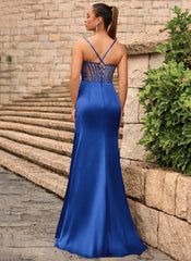 Lace Up Back Sweetheart Embellished Corset Ruched Satin Mermaid Maxi Dress With Slit