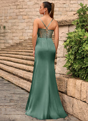 Lace Up Back Sweetheart Embellished Corset Ruched Satin Mermaid Maxi Dress With Slit