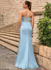 Lace Up Back Sweetheart Embellished Corset Ruched Satin Mermaid Maxi Dress With Slit