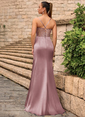 Lace Up Back Sweetheart Embellished Corset Ruched Satin Mermaid Maxi Dress With Slit