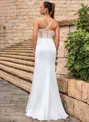 Lace Up Back Sweetheart Embellished Corset Ruched Satin Mermaid Maxi Dress With Slit