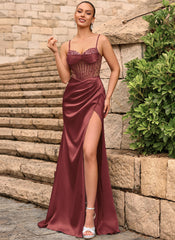 Lace Up Back Sweetheart Embellished Corset Ruched Satin Mermaid Maxi Dress With Slit