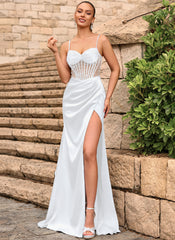 Lace Up Back Sweetheart Embellished Corset Ruched Satin Mermaid Maxi Dress With Slit