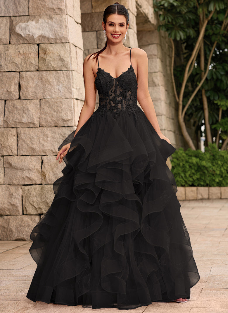 Lace Up Back Corset Ruffled Tiered Tulle Ball-Gown Maxi Dress With Lac Glorile Lace Up Back Corset Ruffled Tiered Tulle Ball-Gown Maxi Dress With Lac Glorile