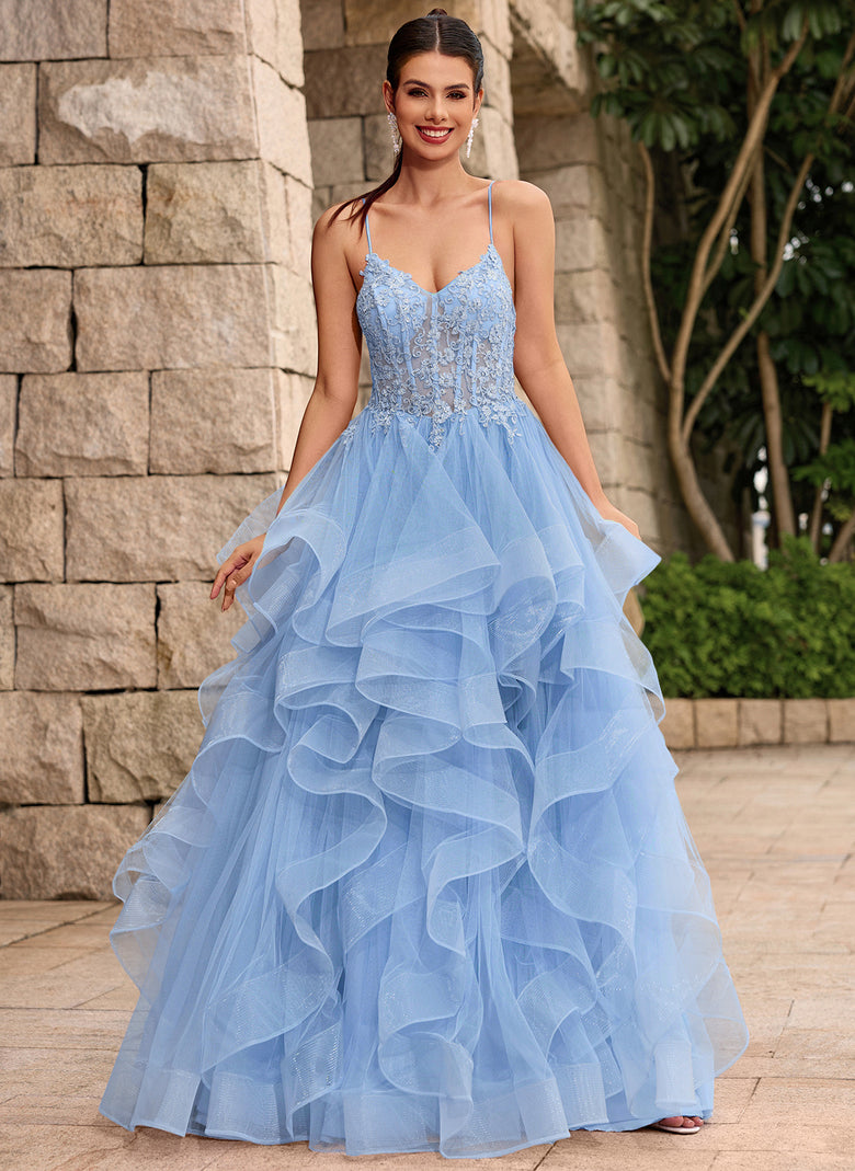 Lace Up Back Corset Ruffled Tiered Tulle Ball-Gown Maxi Dress With Lac Glorile Lace Up Back Corset Ruffled Tiered Tulle Ball-Gown Maxi Dress With Lac Glorile