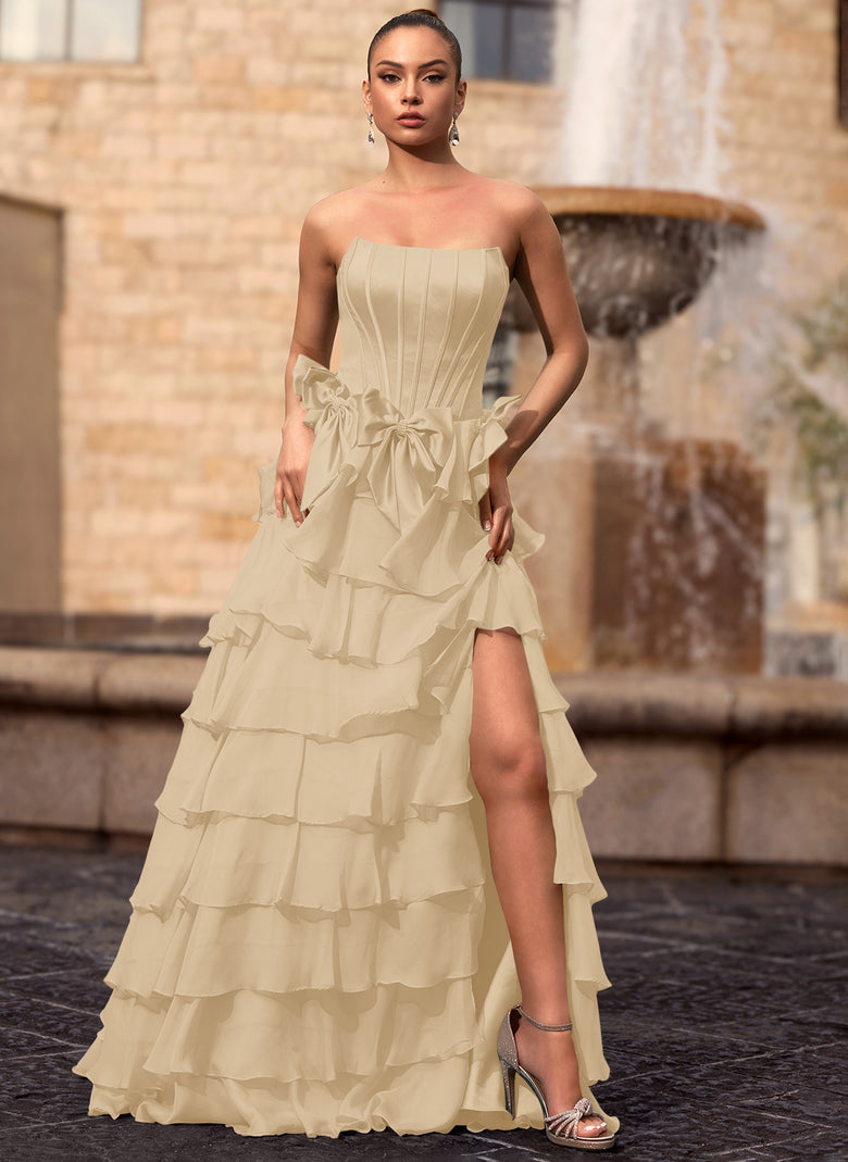 Corset Bow Tiered Ruffled Satin Ball-Gown Maxi Dress With Slit main image 1