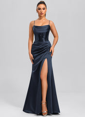 Etui/Säule Wasserfall-Ausschnitt Bodenlang Pailletten Satin Maxikleid mit Pailletten