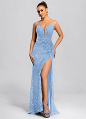 Trumpet/Mermaid V-Neck Sweep Train Sequin Maxi Dresses With Sequins Appliques Lace