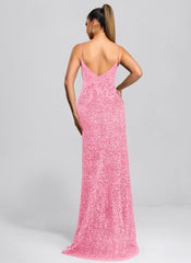 Trumpet/Mermaid V-Neck Sweep Train Sequin Maxi Dresses With Sequins Appliques Lace