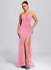 Trumpet/Mermaid V-Neck Sweep Train Sequin Maxi Dresses With Sequins Appliques Lace