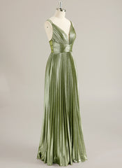 A-line V-Neck Floor-Length Jersey Prom Dresses With Pleated