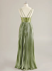A-line V-Neck Floor-Length Jersey Prom Dresses With Pleated