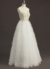 Ball-Gown/Princess Sweetheart V-Neck Sweep Train Tulle Prom Dresses With Rhinestone Sequins Beading